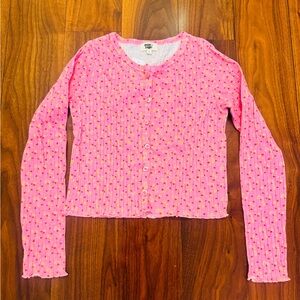 Pink Ribbed Button-Up Crop Cardigan with Orange Dot Detail